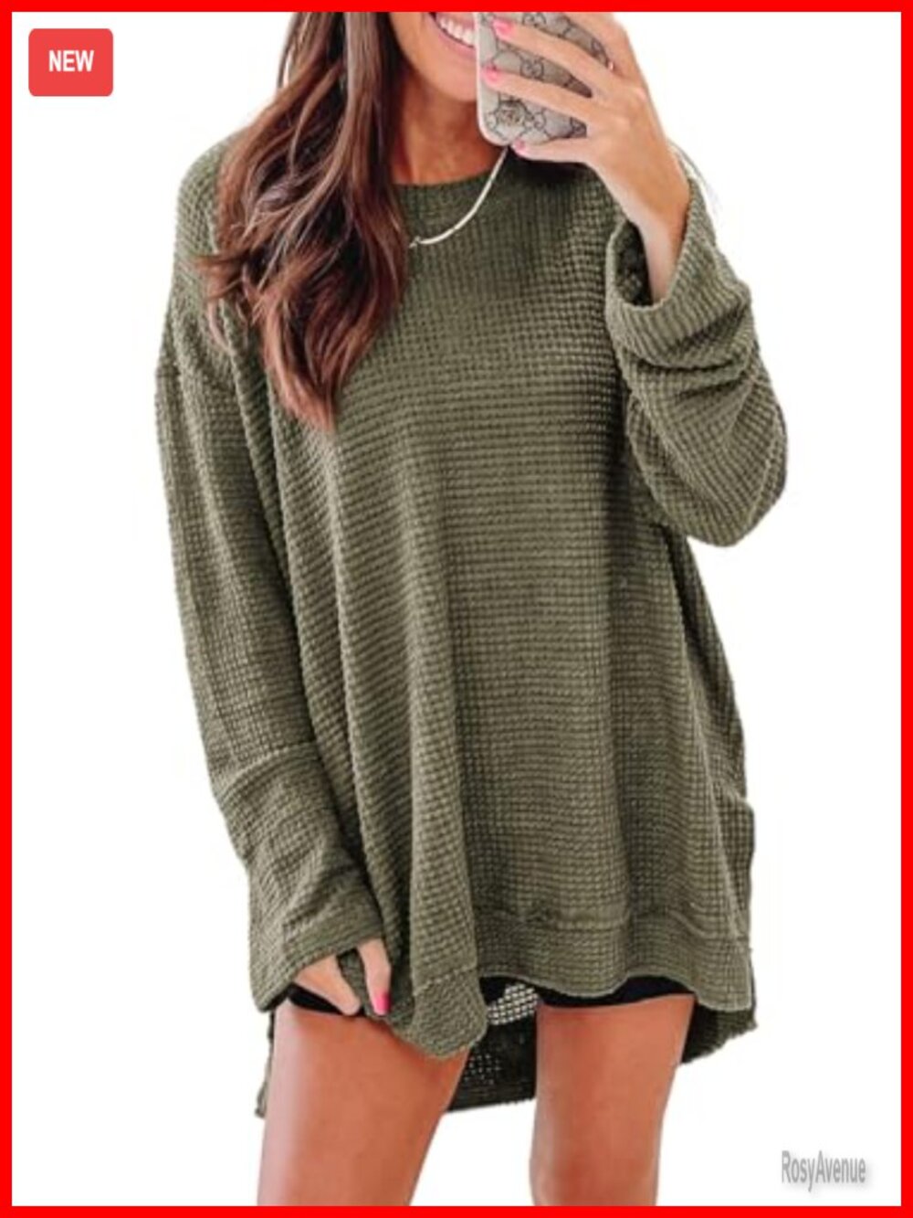 Oversized Waffle Knit Sweatshirt Crewneck Long Sleeve Tunic Top